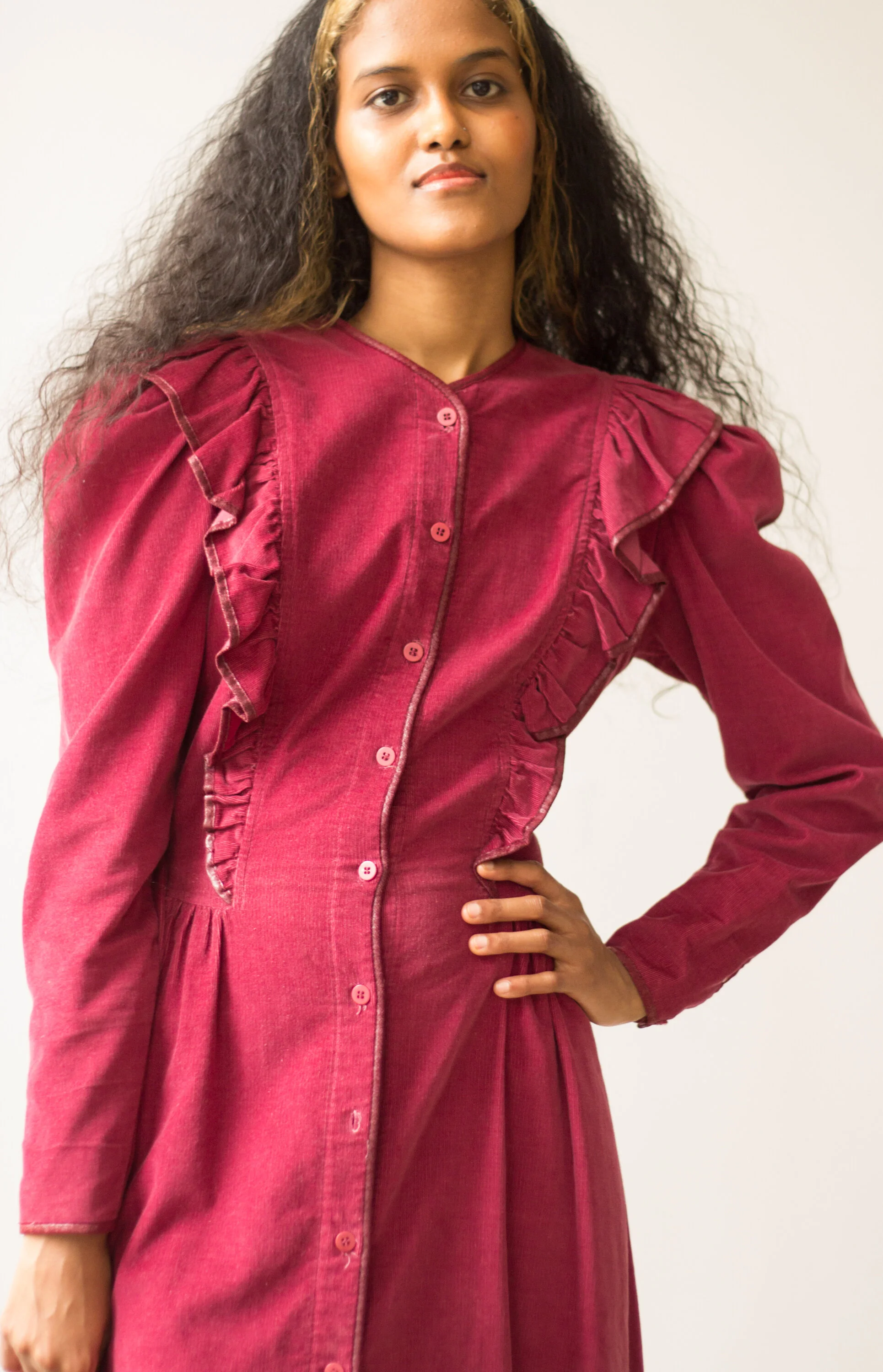 1970s Leon Max Red Corduroy Ruffle Dress Wayward Collection